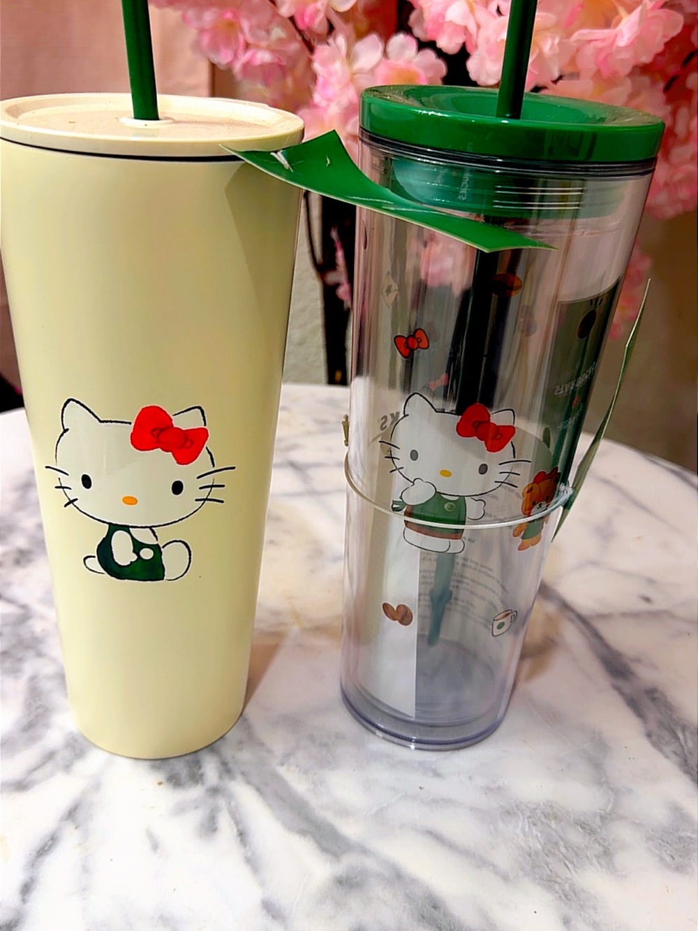 2 Hello Kitty Yellow Cream & Green Tumbler Set with Red Bows Starbucks with hell